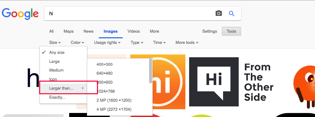 Google Image Sizes inside the Tools