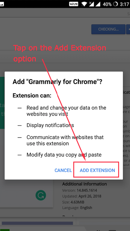 Chrome Extensions permission dialog on Android