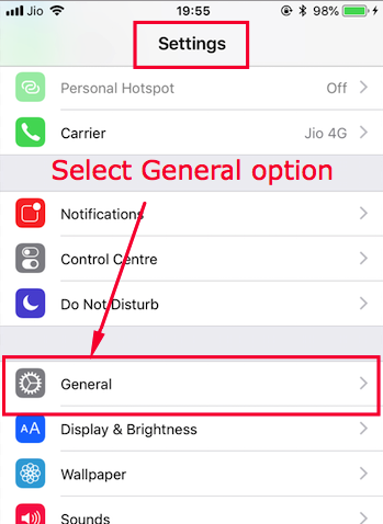 Select General Option under Settings App