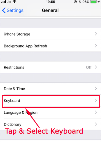 Scroll Down Tap and Select the Keyboard Option