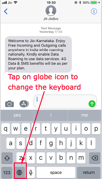 Tap on the globe icon to switch Keyboard on iOS (iPhone & iPad)