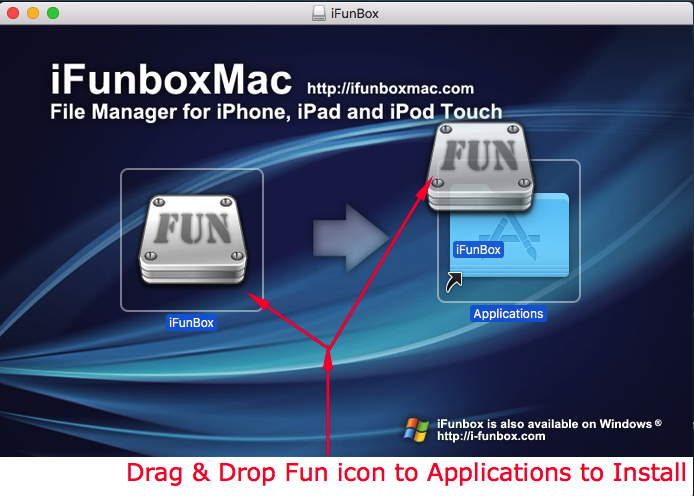 Drag and Drop iFunbox icon to Applications to Install